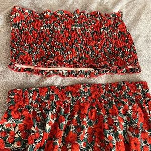 Two Piece Red Floral Top and Skirt